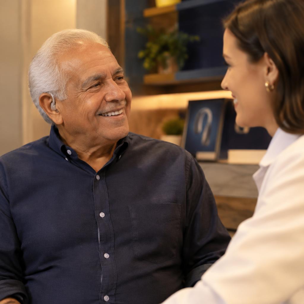 Paciente idoso com aparelho auditivo sorrindo em conversa com a fonoaudióloga